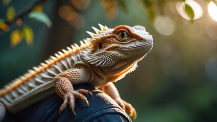 Fototapeta premium Bearded Dragon Resting on Shoulder in Nature