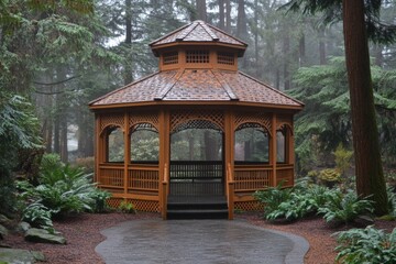 Naklejka premium Wooden gazebo nestled among lush greenery in a forested park during a foggy day