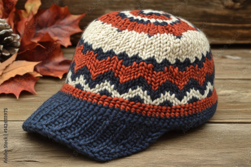 Poster handcrafted knitted cap with geometric patterns in red, white, and blue displayed on a rustic wooden