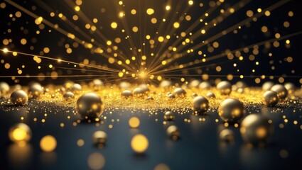 Golden bokeh backdrop with shining particles and yellow glitter against a black background with deep space glowing sparks and sparkling dust