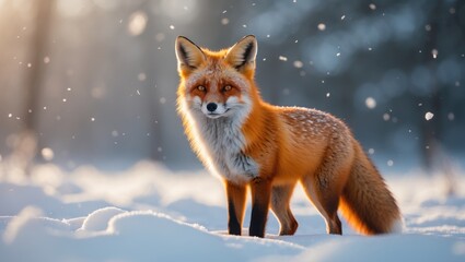 Wild fox hunting through snowy landscape