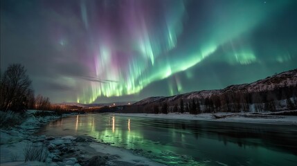 Stunning Aurora Borealis Display over Frozen River Winter Landscape Breathtaking Night Sky Northern Lights Magical Green Purple Hues Serene Nature Scene Dramatic Celestial Event Arctic Wilderness Cold