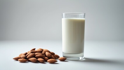 Pure almond milk in glass with almonds on a white background, a healthy vegan plant-based milk alternative.