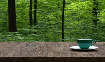 Serene Coffee Moment on Wooden Table Surrounded by Lush Green Forest in Soft Natural Light, Ideal for Relaxation and Mindfulness Activities