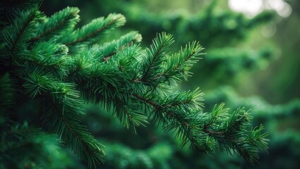 Close-up of green prickly fur-tree or pine branches with fluffy needles and blurred background