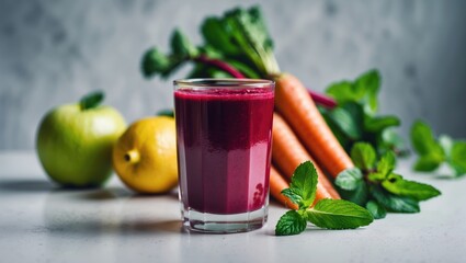 Homemade fresh juice with vegetables: beetroot, carrot, apple, and orange for detox and vitality