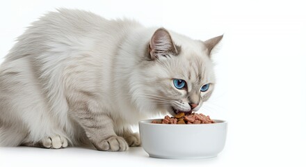 White Fur Blue Eyes Cat Eating from White Bowl Filled with Wet Food Isolated on White Background