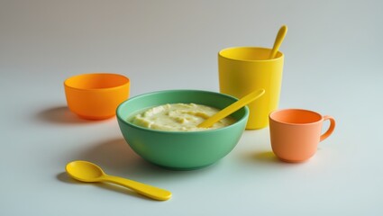 Nutritious baby food served in a bowl with a drink in the background