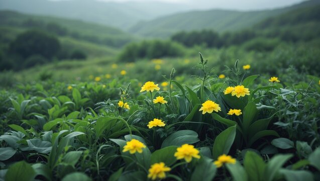 Vivid green meadow featuring Common yellow woodsorrel with bright yellow blossoms