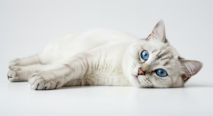 White Fur and Blue Eyes Cat Lying Down Isolated on White Background for Decoration and Interior Designs