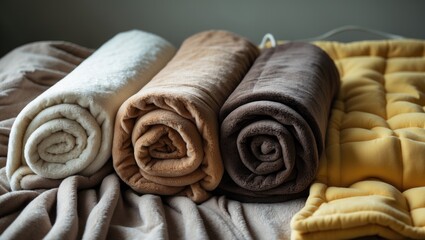 Colorful fleece blanket rolled up for cozy comfort, close-up shot.