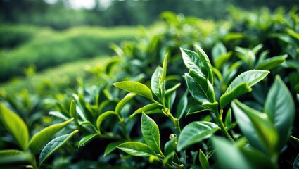 Fototapeta premium Close-up of green tea leaves in a lush plantation setting