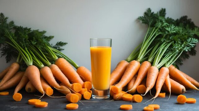 Glass of fresh carrot juice next to vegetables on a textured background.