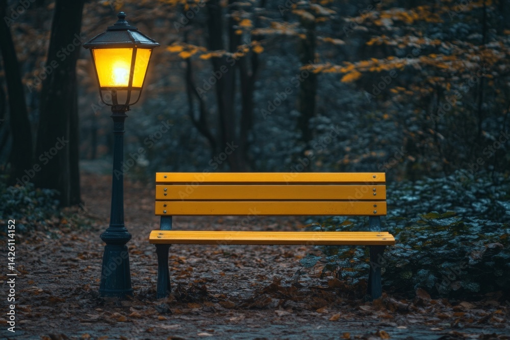 Poster Lighting up the path beside a yellow bench in a tranquil forest at dusk, creating a peaceful atmosphere for evening strolls
