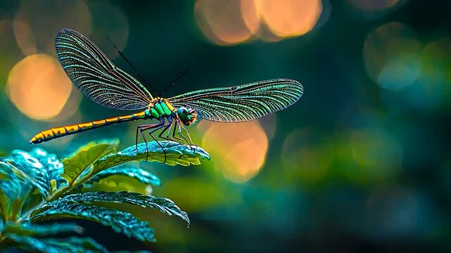 A vibrant dragonfly perched on a green leaf amidst a colorful bokeh background in nature