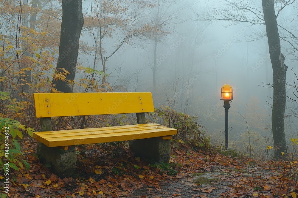 Poster misty forest bench and lamp create a serene atmosphere in autumn landscape