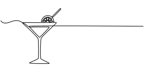 A simple, continuous line drawing of a cocktail glass with an olive inside. It's a minimalist design, perfect for representing a drink like a martini. continuous single one line art concept.  