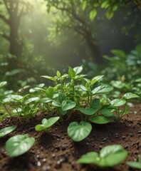 Tiny coffee bean plants emerge in a vibrant green natural setting ,  image,  environment