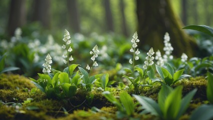 Stunning display of white blossoms and vibrant green foliage thriving in moss within the forest.
