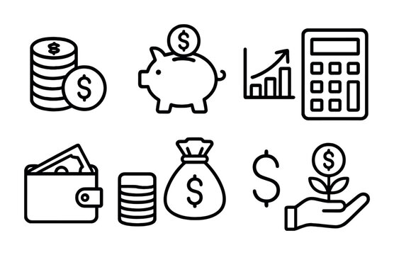 Finance icon set: coins, piggy bank, growth chart, calculator, wallet, money bag, dollar symbol, investment