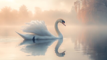 Obraz premium Swan elegance misty lake serenity images