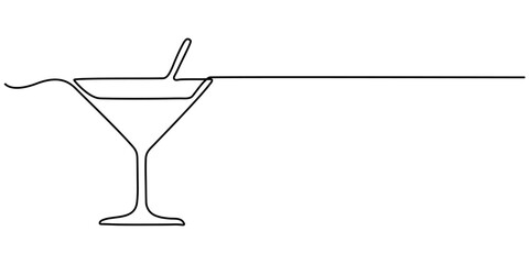 A simple, continuous line drawing of a cocktail glass with an olive inside. It's a minimalist design, perfect for representing a drink like a martini. continuous single one line art concept.  