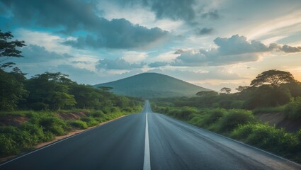 Naklejka premium Mountain and sky clouds over a sunset with an asphalt road in the foreground