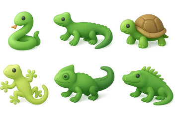 Obraz premium Reptile and amphibian 3d icon set – lifelike animal symbols for wildlife exploration, zoology studies, and nature education: snake, alligator, turtle, gecko, chameleon, iguana