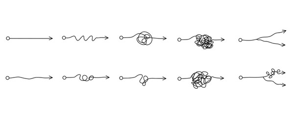 Scribble chaos lines with arrows. Simplifying mind process. Process of understanding. Work with a psychologist. Hand drawn doodle vector illustration isolated on white background.