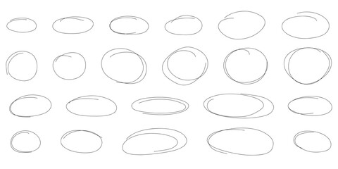Highlight hand drawn oval marker frames line set. Hand drawn scribble circle underscore sketch set. Doodle ovals and ellipses line template. Vector illustration oval isolated on white background.
