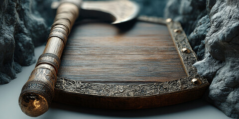 Viking Axe Resting on Wooden Shield – Norse Warrior Weapon and Historical Concept