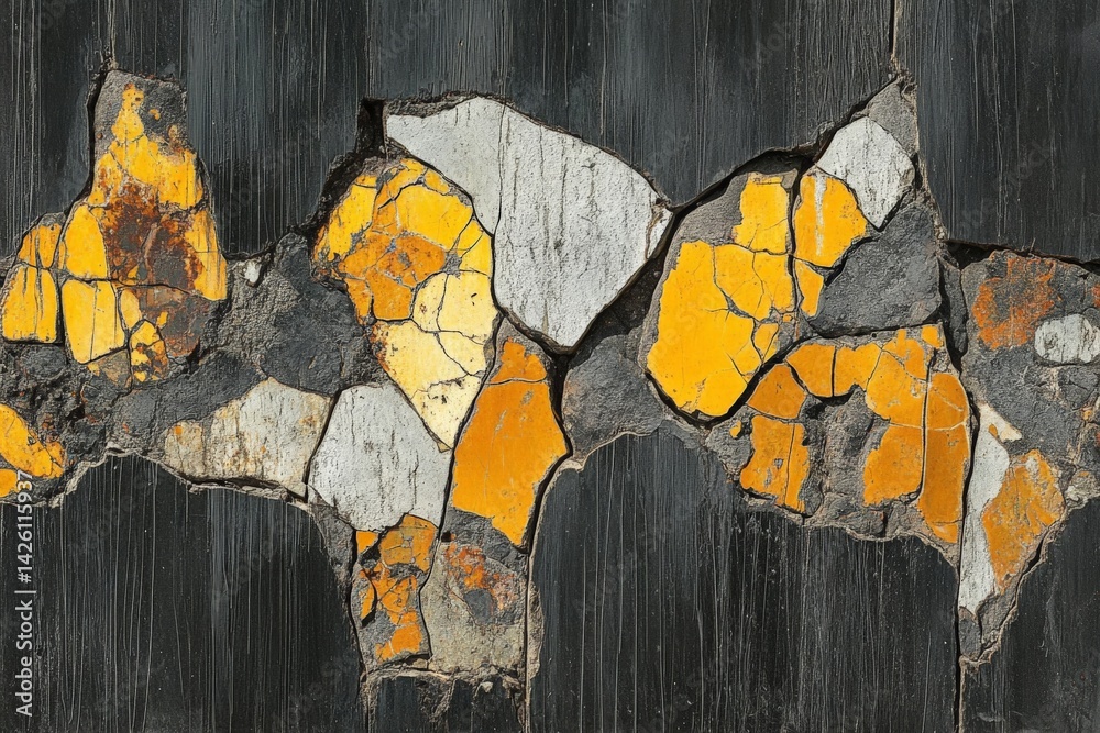 Poster artistic texture of cracked paint revealing layers of color and age on weathered surface in urban en
