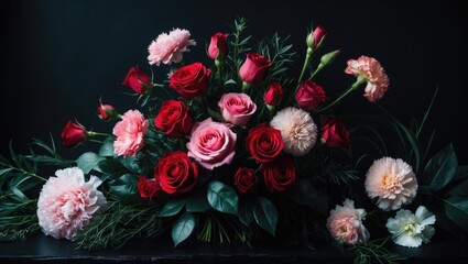 Elegant bouquet of various flowers against a background with floral card design and vintage style