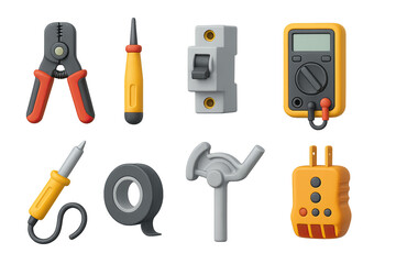 Electrical tools icon set – 3d style diy and repair symbols for home improvement and maintenance: wire stripper, screwdriver, circuit breaker, multimeter, soldering iron, tape, valve, plug