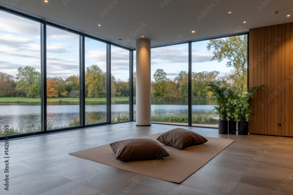 Leinwandbilder a spacious living area features large glass windows with a view of a calm lake, showcasing a minimal