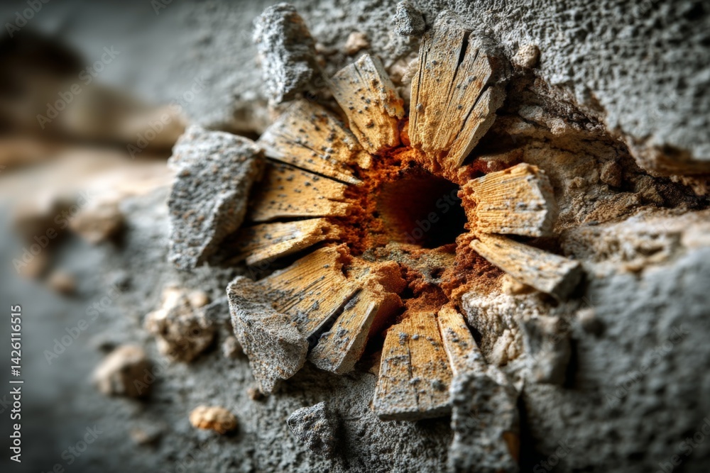 Aufkleber close-up view of weathered wall with circular erosion and fragmented textures in an urban environmen