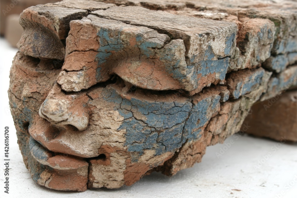 Poster Ancient sculpture depicting a serene face with cracks on a weathered surface displayed in an art gallery setting