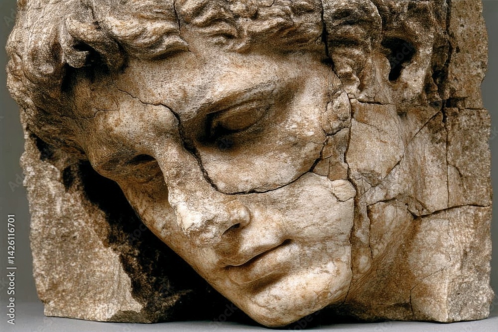 Poster ancient sculpture fragment of a male head showcasing intricate details and cracks from age displayed