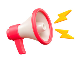 Red megaphone with lightings isolated. Close up breaking news metaphor, disclosure of information concept. 3d rendering.