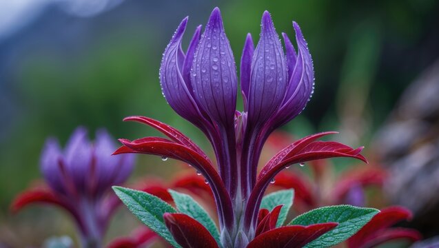 Stunning purple and red flower with dew drops on an African Sage plant atop a mountain plateau