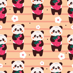 seamless pattern cute cartoon panda holding  strawberry. cute animal drawing for wallpaper, pattern, background