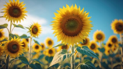 Sunflowers in full bloom across a vast field with a clear blue sky in the background