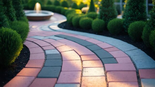 Landscaping with garden brick pavers, tile plants, and shrubs and trees