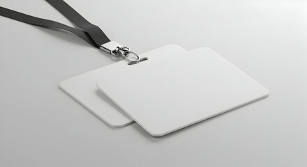 Blank white ID badges with black lanyards on a white background ready for customization and branding