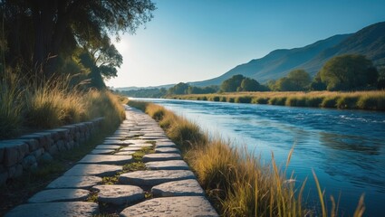 The riverbank, warmed by sunlight, was touched by gentle ripples along its edges as tall grasses swayed in the breeze with golden tips catching the light
