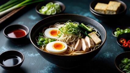 Japanese ramen bowl with chicken, tofu, vegetables, and egg in soup