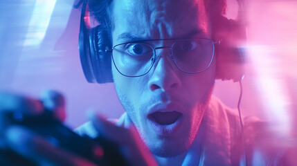 Close-up of young man with glasses and headphones, surprised expression, vibrant pink and blue lighting, gaming concept