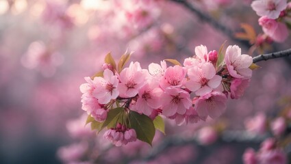 Obraz premium Vivid pink cherry blossom with a soft bokeh background