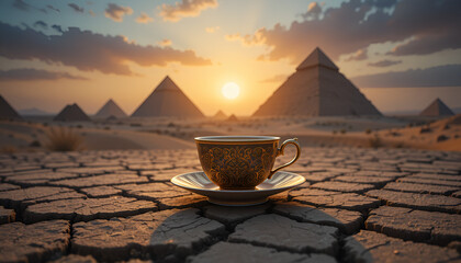 surreal ornate teacup resting on cracked desert earth, glowing sunset hues, ancient pyramids in distant background, mystical forgotten civilization concept, golden light reflections, fantasy history v