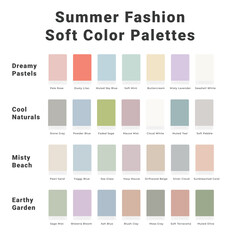 Summer Fashion Soft Color Palettes: Dreamy Pastels, Cool Naturals, Misty Beach, Earthy Garden, With Names and Hex Codes
